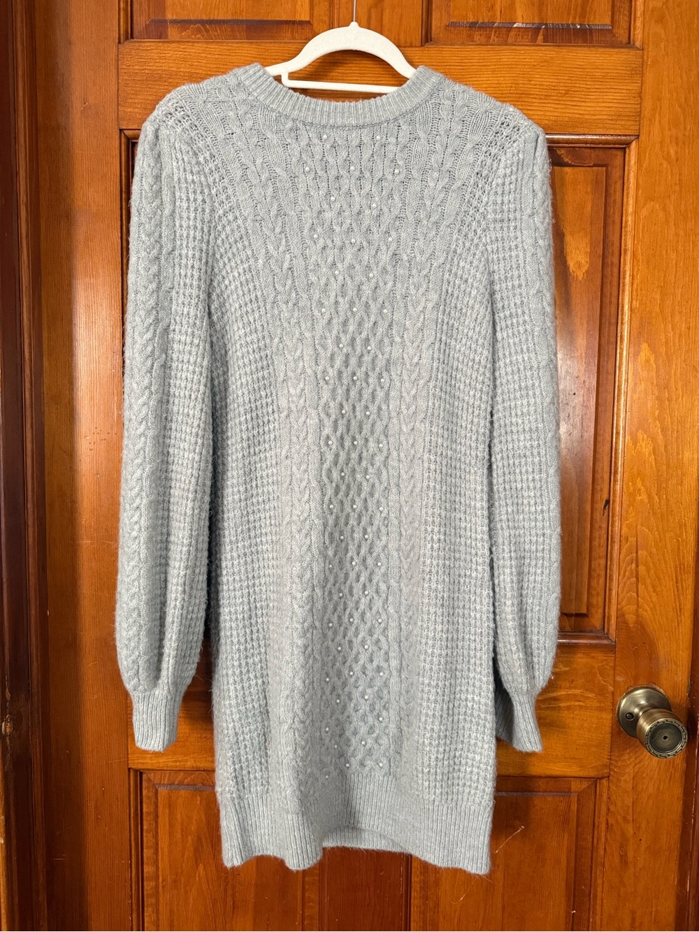 Francesca’s Cozy Light Gray Cable Knit Sweater Dress
